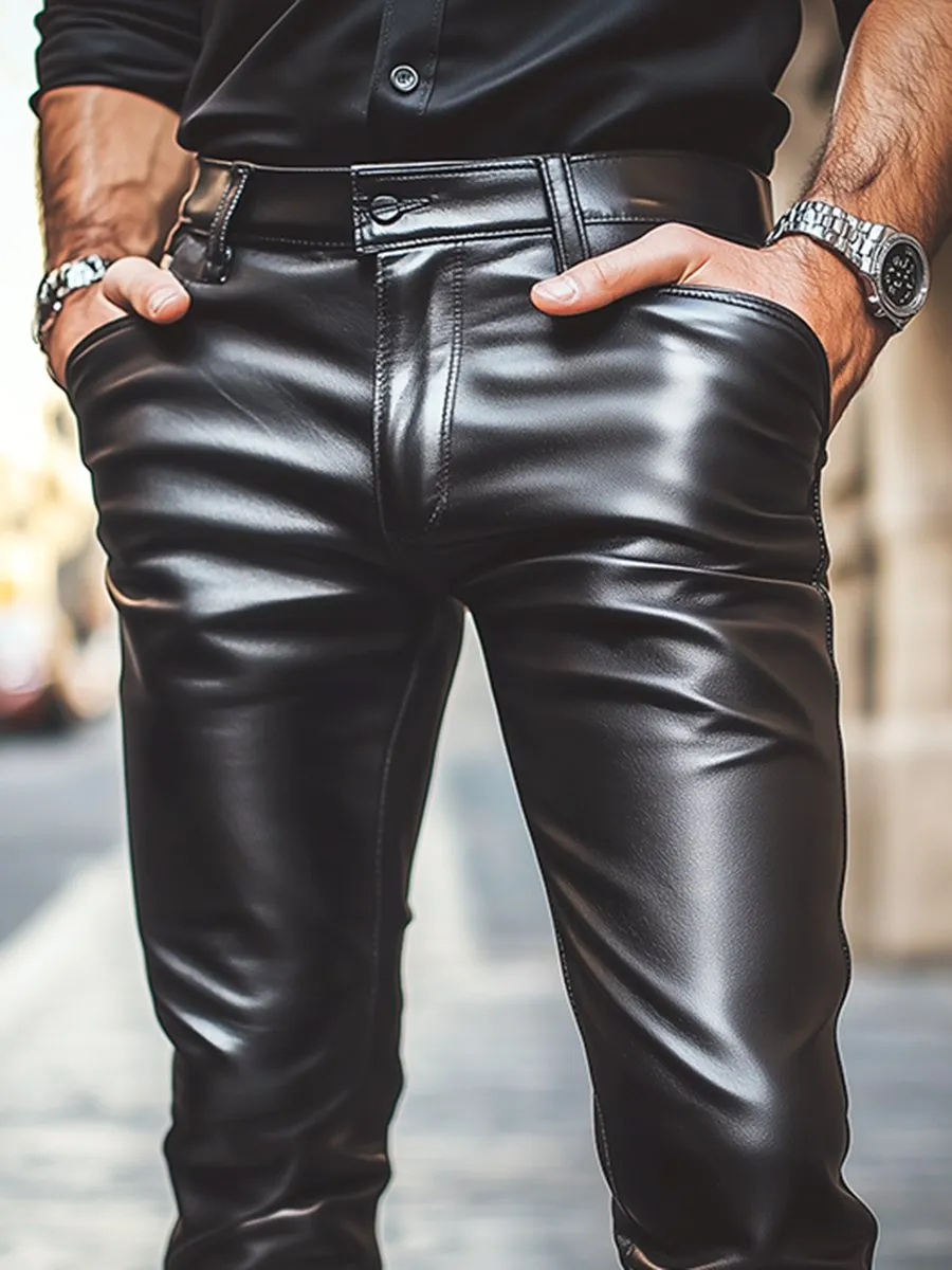 【24-hour shipping】Stylish Casual Solid Leather Pants