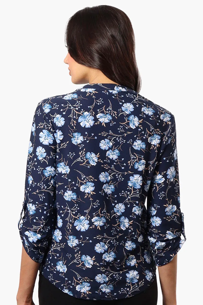 Beechers Brook Floral Henley Roll Up Sleeve Shirt - Navy