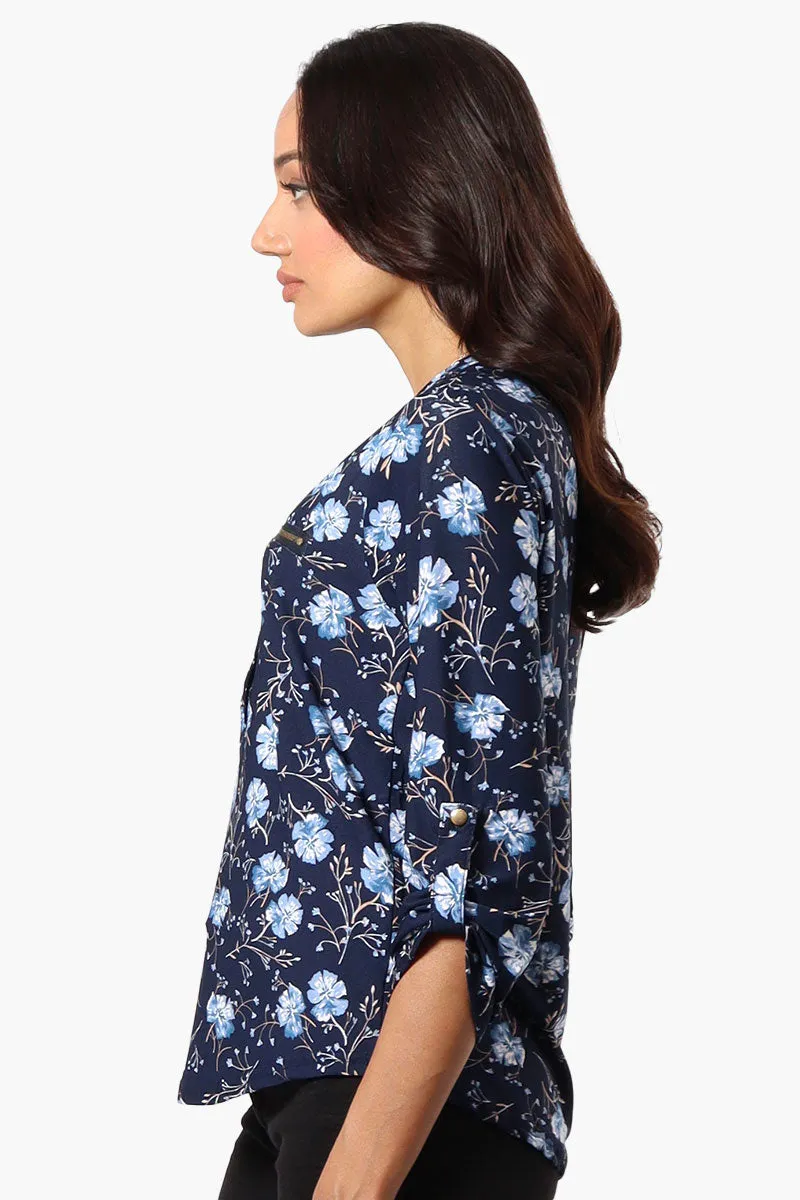 Beechers Brook Floral Henley Roll Up Sleeve Shirt - Navy