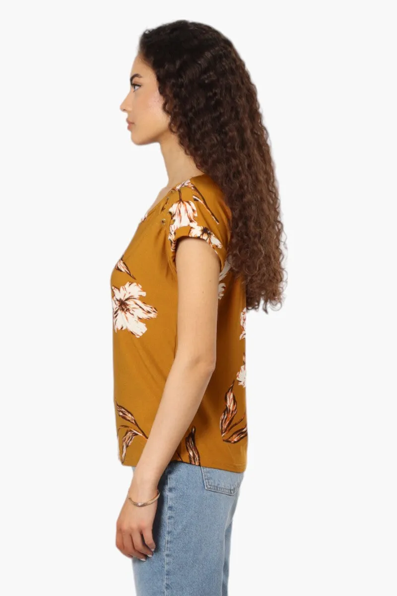 Beechers Brook Floral Pattern Short Sleeve Blouse - Mustard