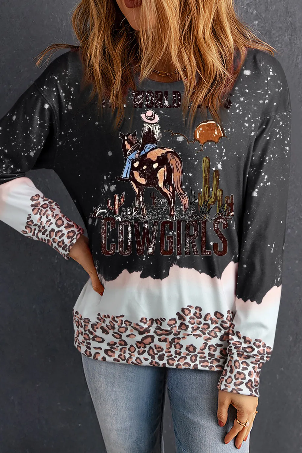 Bleached Pullover Western Cowgirl Pattern Sweatshirt