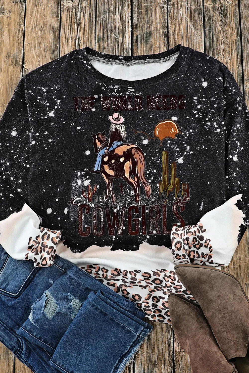 Bleached Pullover Western Cowgirl Pattern Sweatshirt