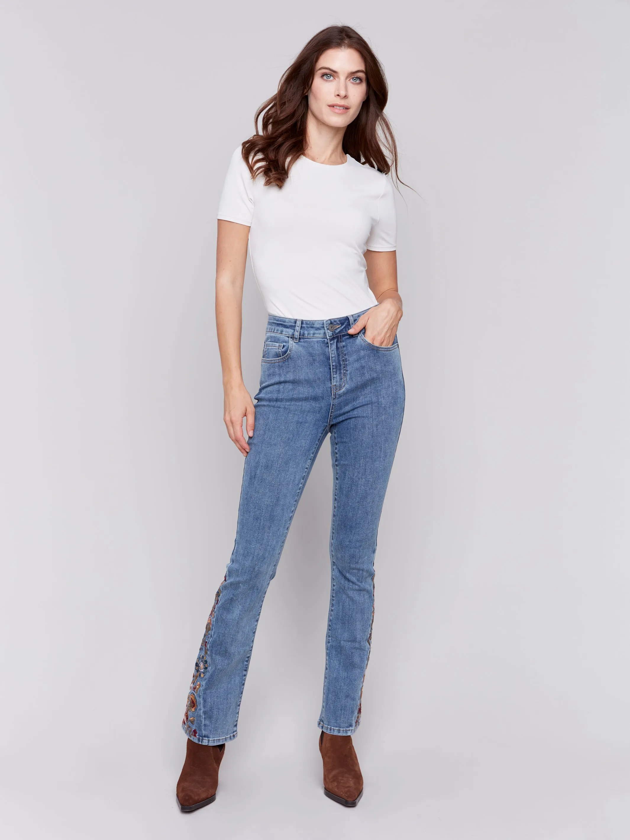 Charlie B. Embroidered flare bottom pant