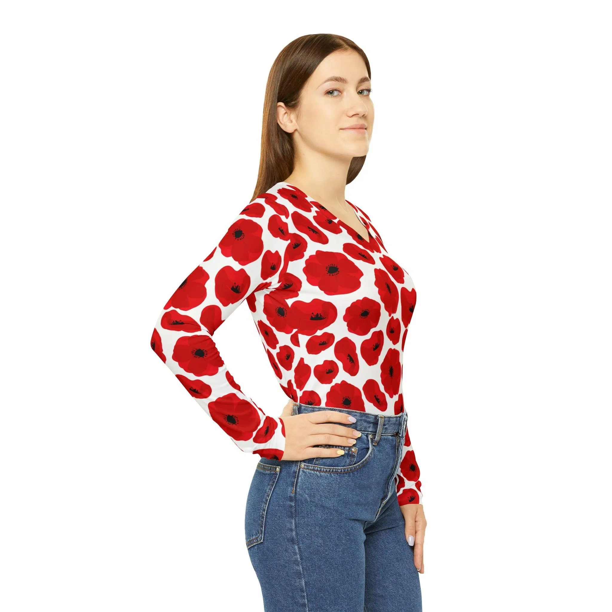 Chic Crimson V-neck Long Sleeve Tee - Fashionable and Versatile