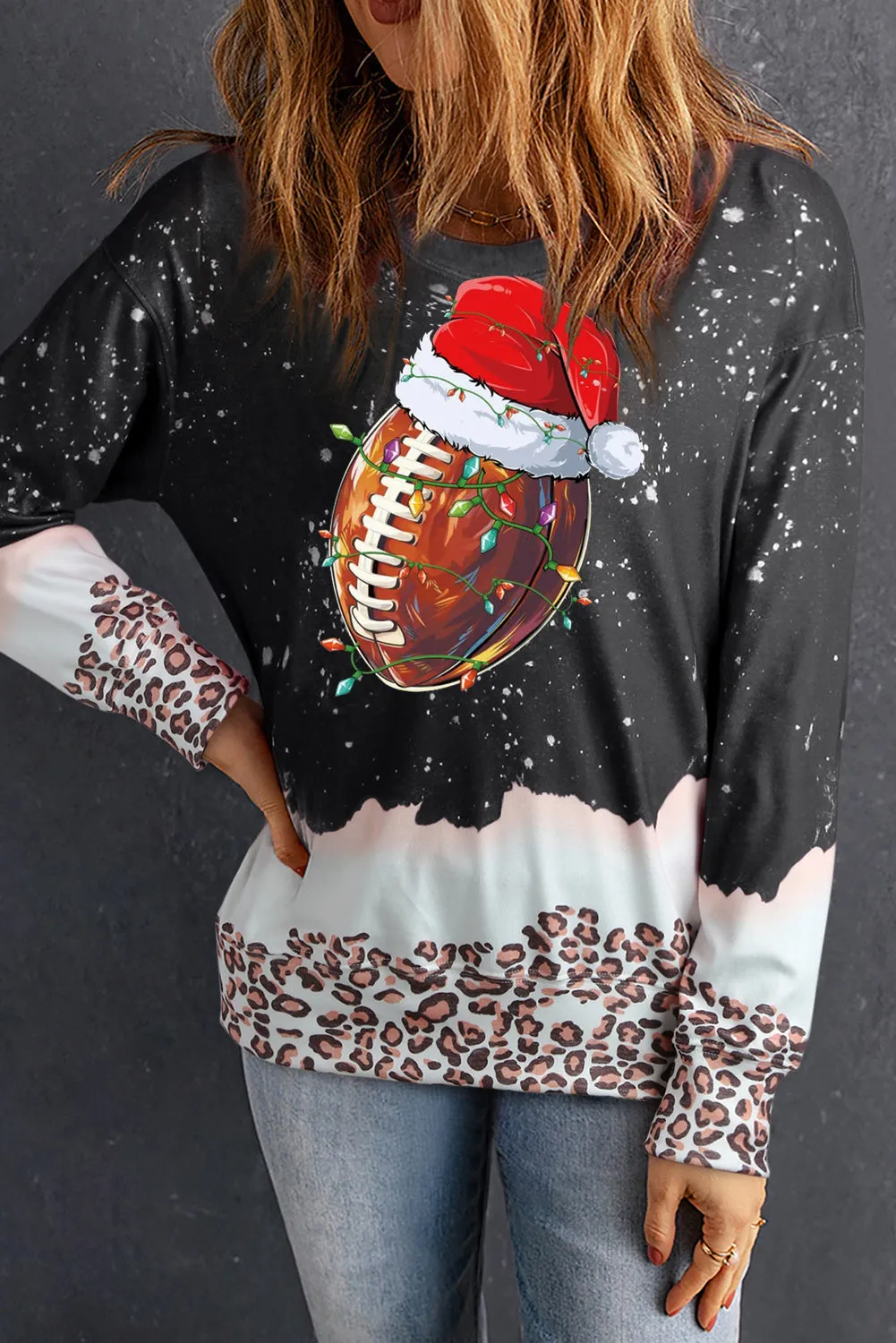 Christmas Rugby Santa Hat Pattern Bleached Pullover Sweatshirt