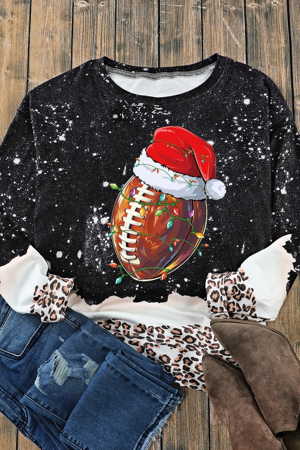 Christmas Rugby Santa Hat Pattern Bleached Pullover Sweatshirt