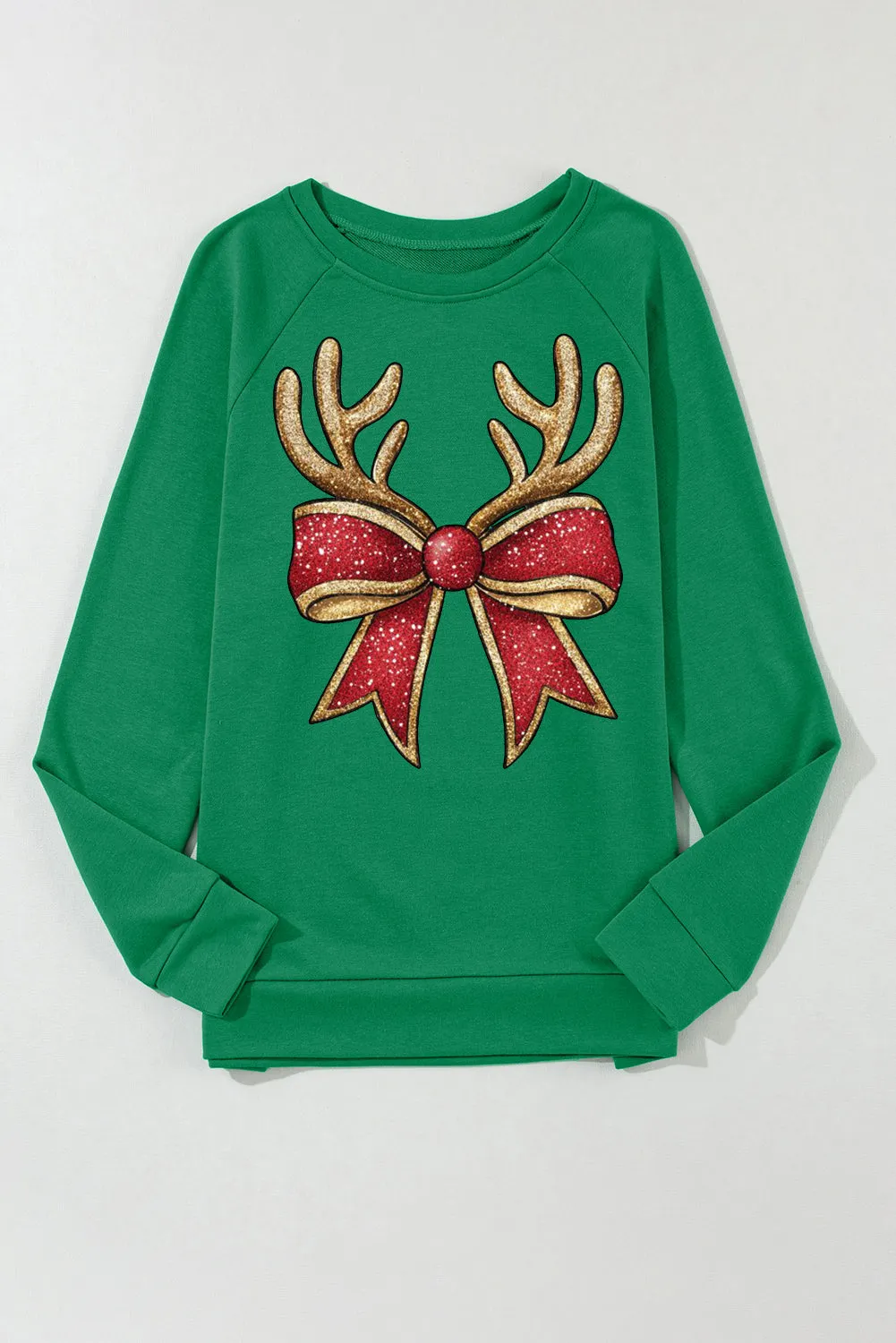 Christmas Solid Color Crew Neck Pullover Antler Bow Pattern Sweatshirt