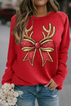 Christmas Solid Color Crew Neck Pullover Antler Bow Pattern Sweatshirt