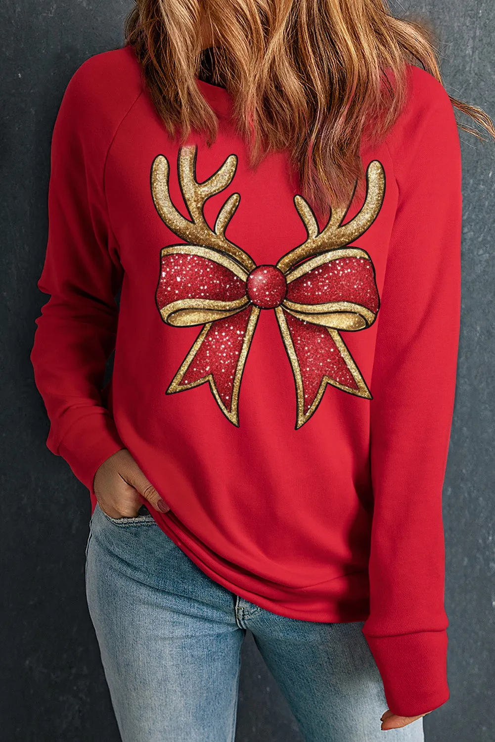 Christmas Solid Color Crew Neck Pullover Antler Bow Pattern Sweatshirt