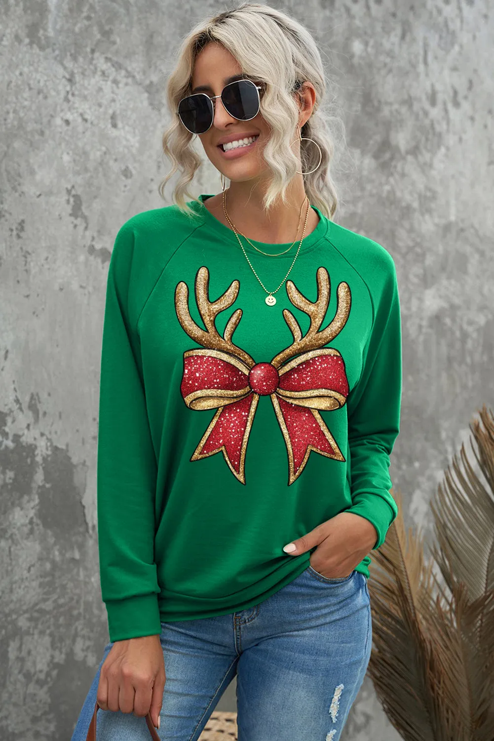 Christmas Solid Color Crew Neck Pullover Antler Bow Pattern Sweatshirt