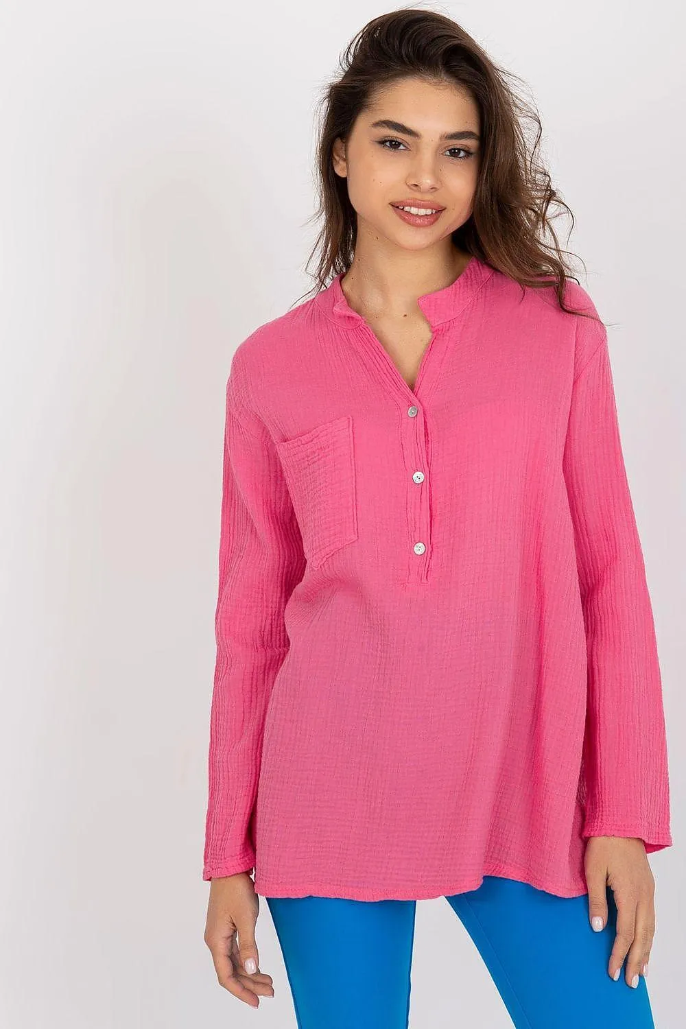 Cotton Muslin V-Neck Blouse with Pocket and Button Front Closure