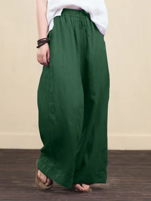 Elastic Waistband Wide Leg Pants - Mid Rise Trousers