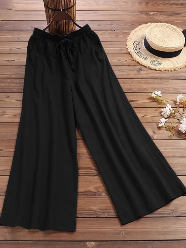 Elastic Waistband Wide Leg Pants - Mid Rise Trousers