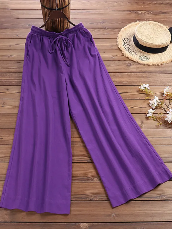 Elastic Waistband Wide Leg Pants - Mid Rise Trousers