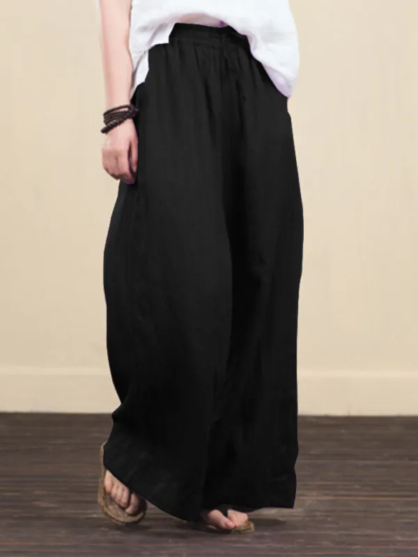 Elastic Waistband Wide Leg Pants - Mid Rise Trousers