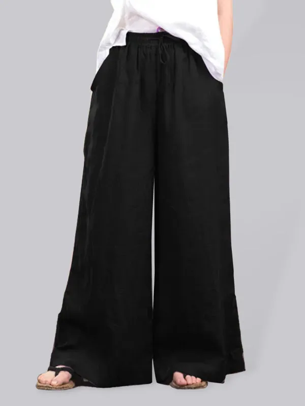 Elastic Waistband Wide Leg Pants - Mid Rise Trousers