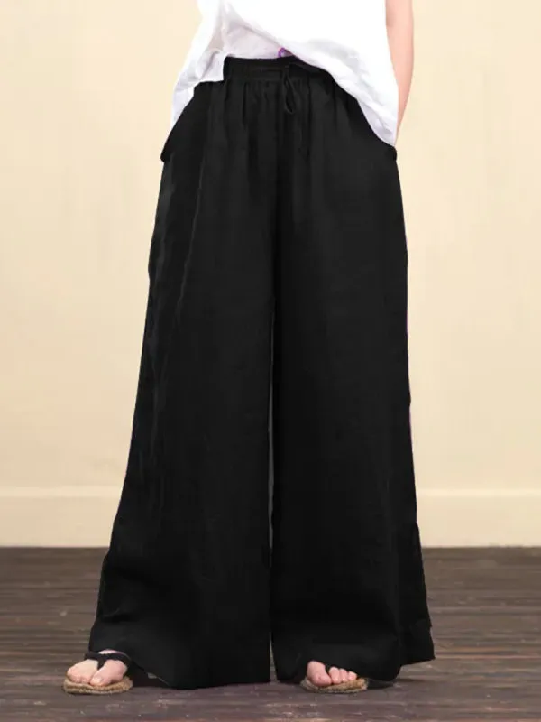 Elastic Waistband Wide Leg Pants - Mid Rise Trousers