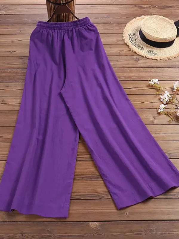 Elastic Waistband Wide Leg Pants - Mid Rise Trousers