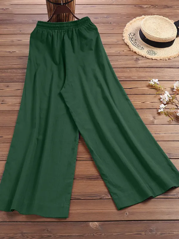 Elastic Waistband Wide Leg Pants - Mid Rise Trousers