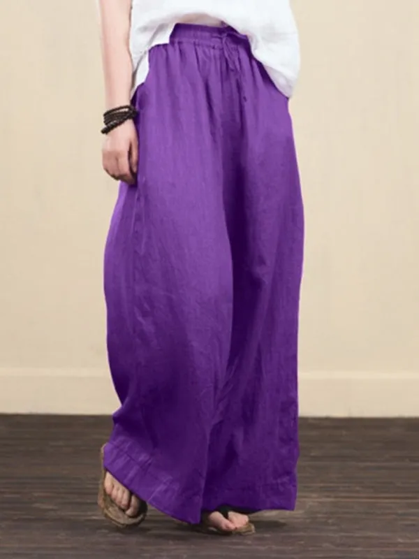 Elastic Waistband Wide Leg Pants - Mid Rise Trousers