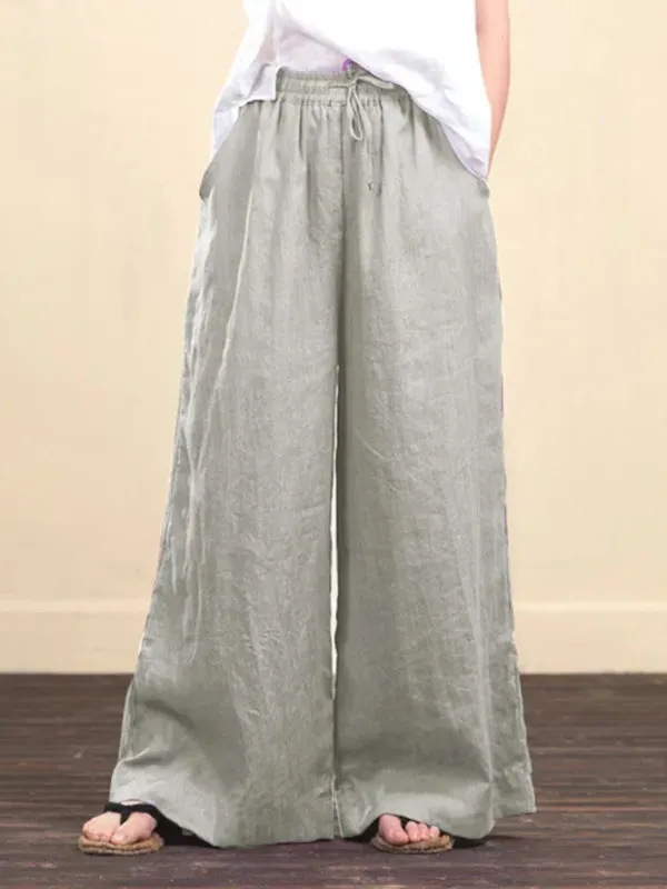 Elastic Waistband Wide Leg Pants - Mid Rise Trousers