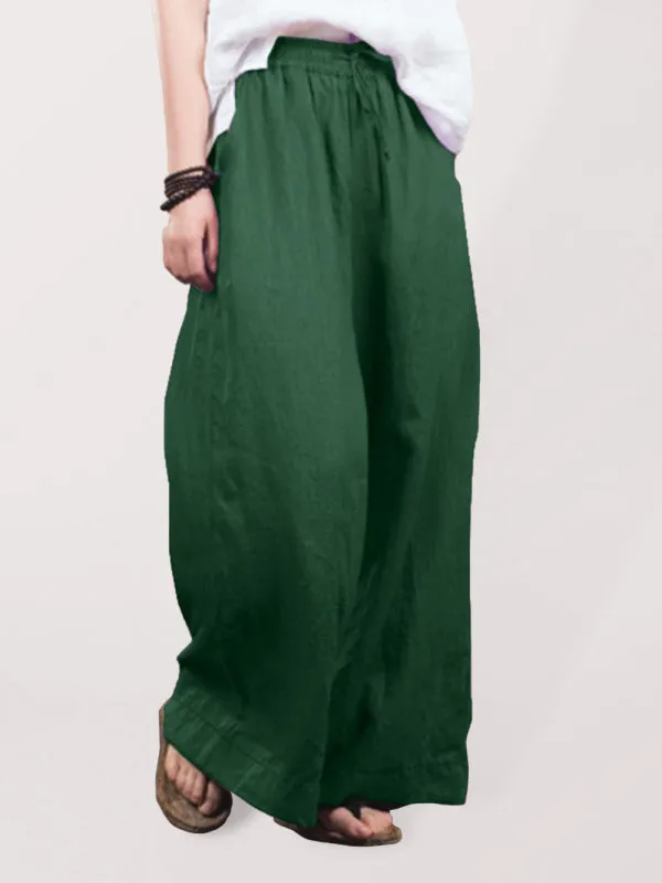 Elastic Waistband Wide Leg Pants - Mid Rise Trousers