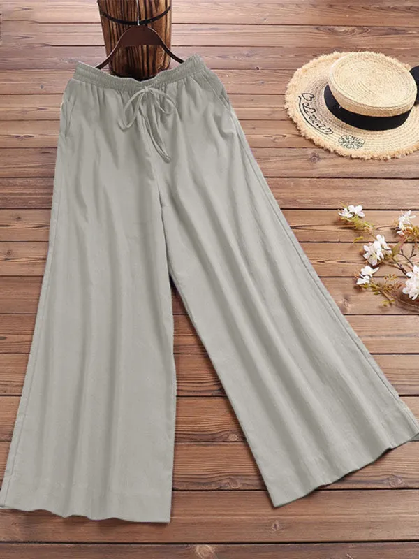 Elastic Waistband Wide Leg Pants - Mid Rise Trousers