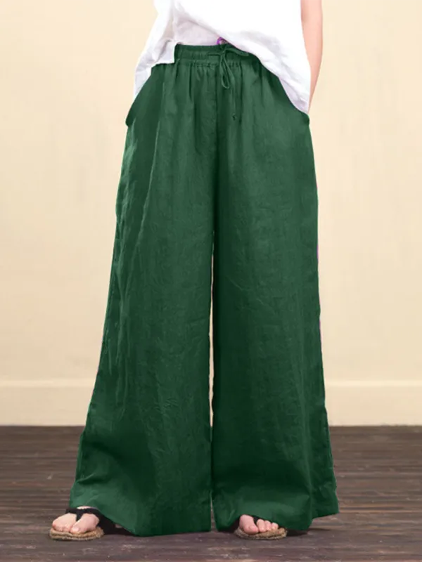 Elastic Waistband Wide Leg Pants - Mid Rise Trousers