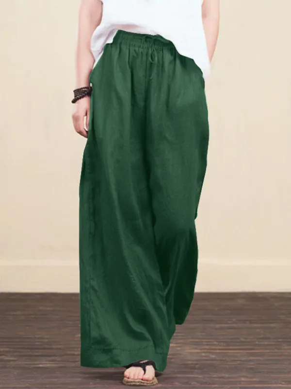 Elastic Waistband Wide Leg Pants - Mid Rise Trousers