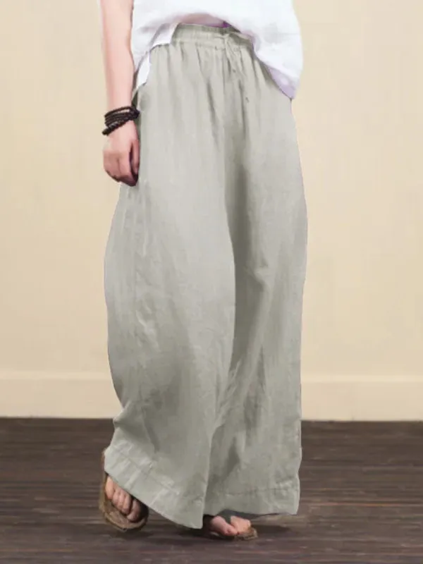 Elastic Waistband Wide Leg Pants - Mid Rise Trousers