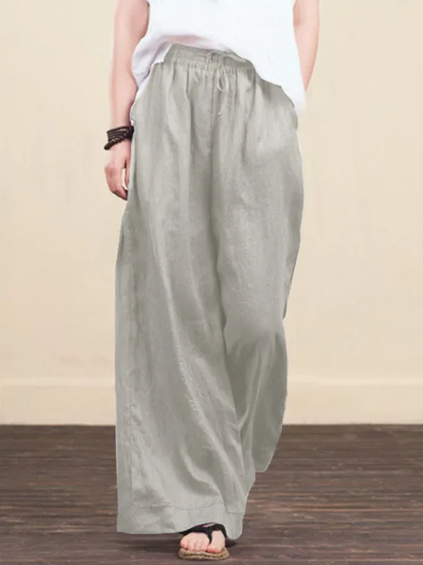 Elastic Waistband Wide Leg Pants - Mid Rise Trousers