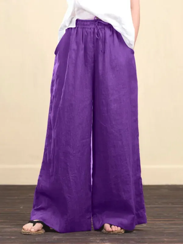 Elastic Waistband Wide Leg Pants - Mid Rise Trousers