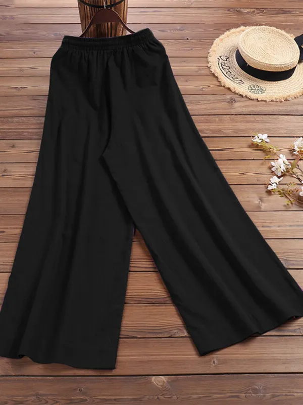 Elastic Waistband Wide Leg Pants - Mid Rise Trousers