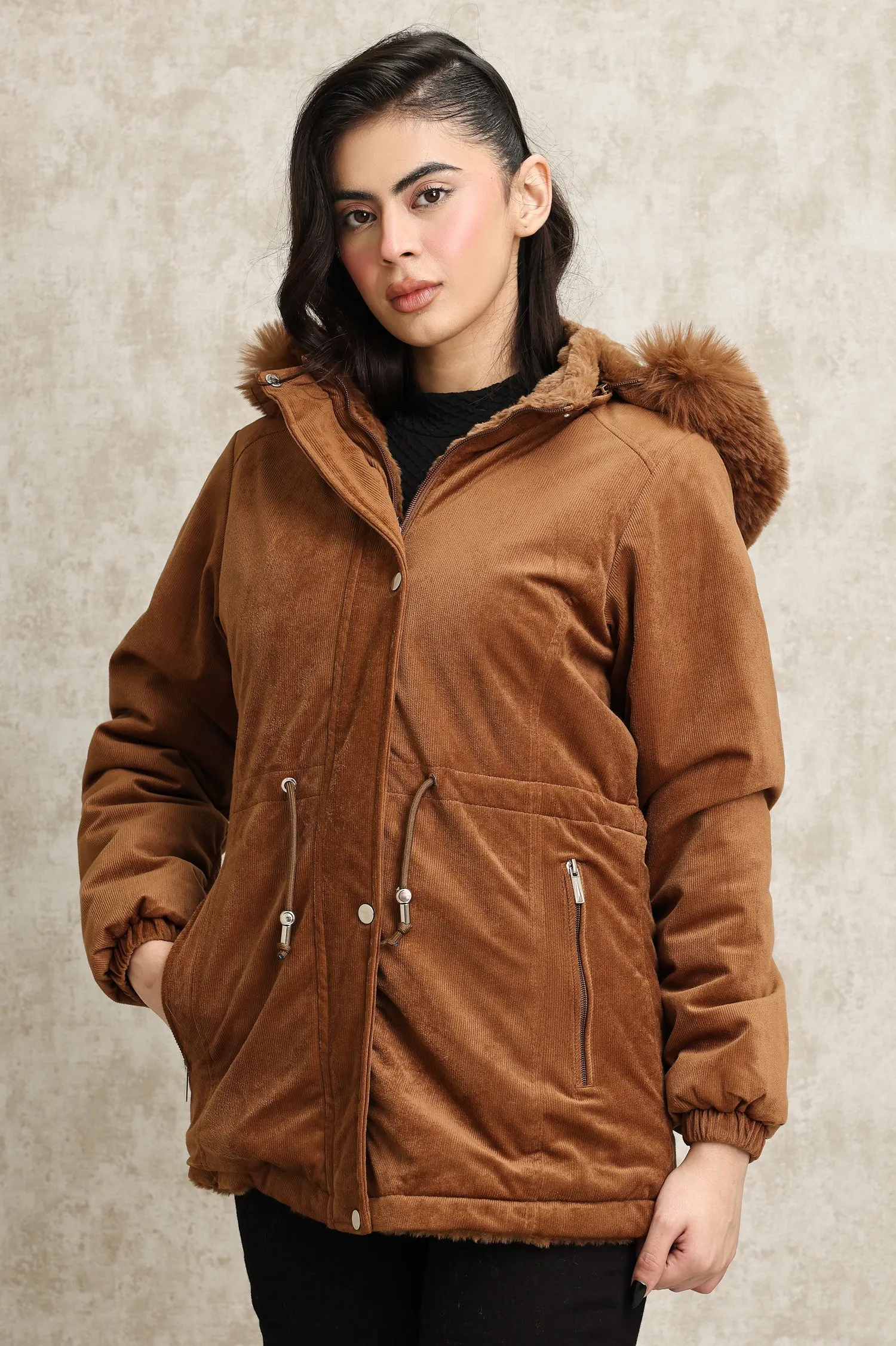 FLUFFY REVERSIBLE JACKET-COFFEE