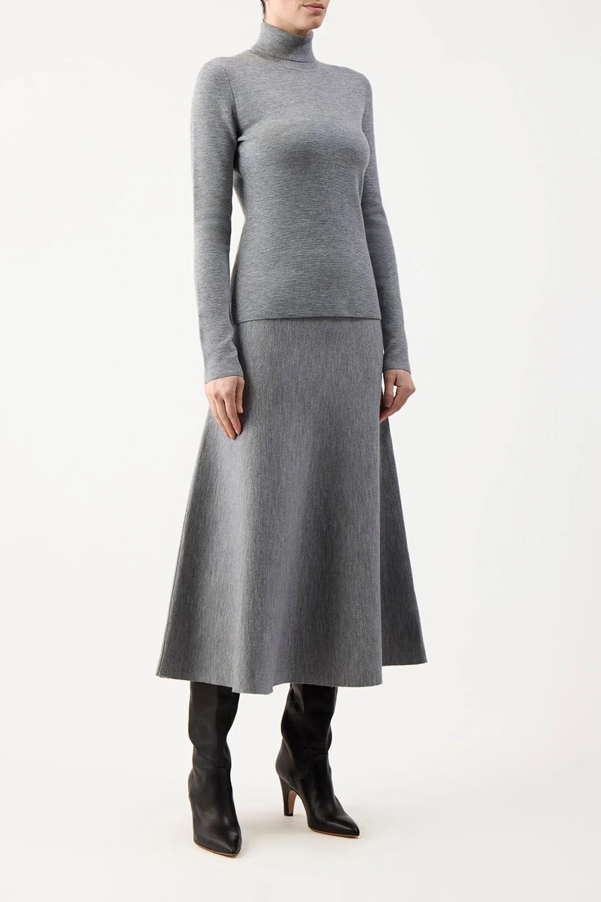 Freddie Knit Midi Skirt in Heather Grey Merino Wool Cashmere