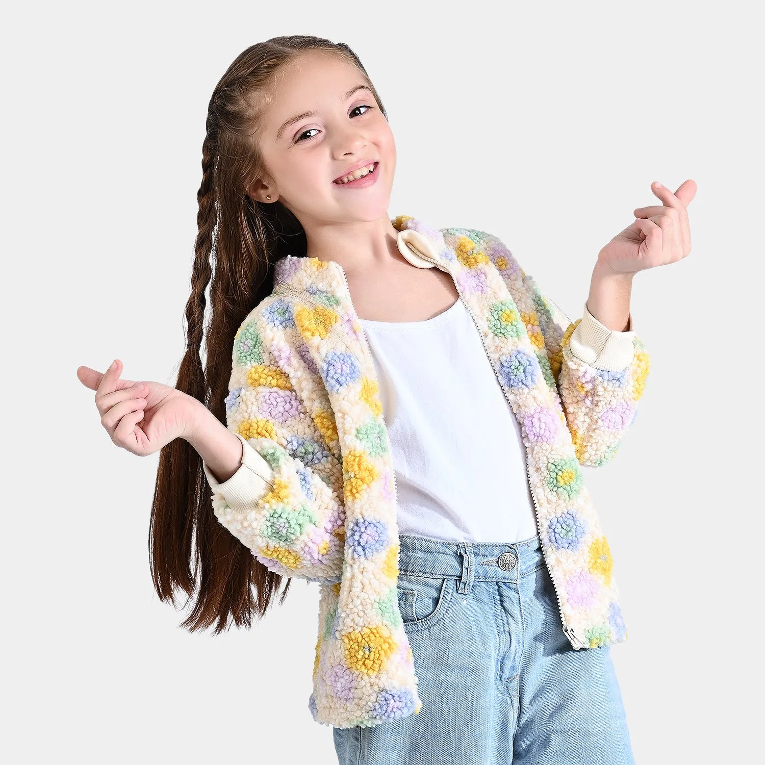 Girls Fleece Knitted Jacket Pastel Garden-Multi