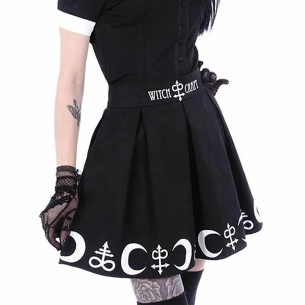 Gothic Letter & Moon Printed Pleated Mini Skirts