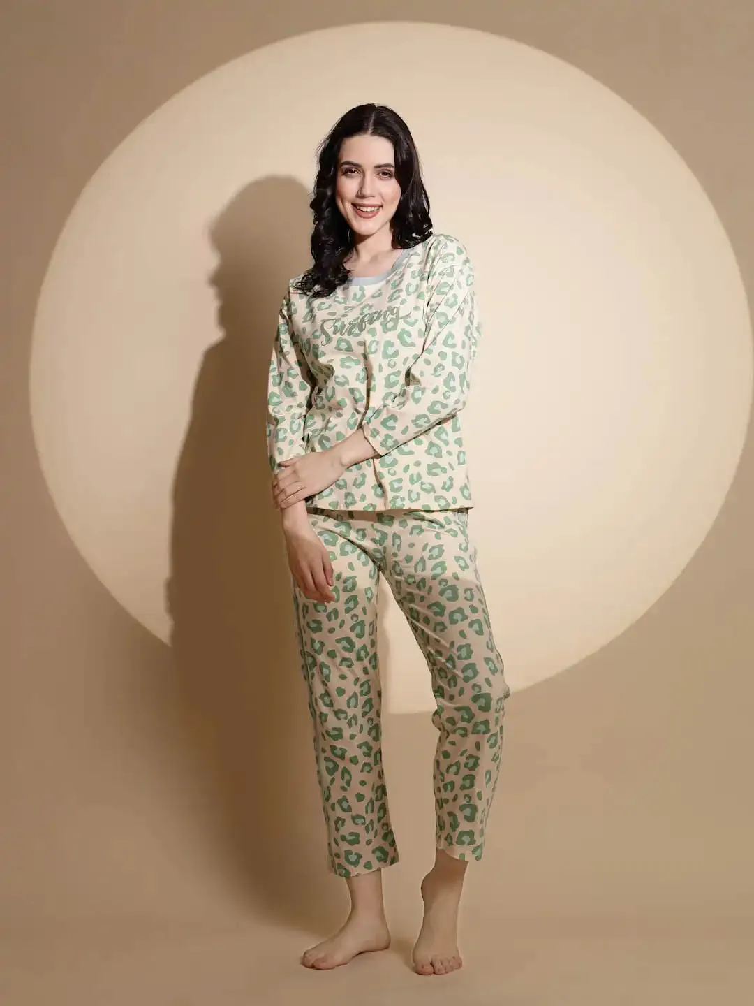 Green Hosiery Three Quarter Sleeve Printed Top & Pyjama Night Suit Set