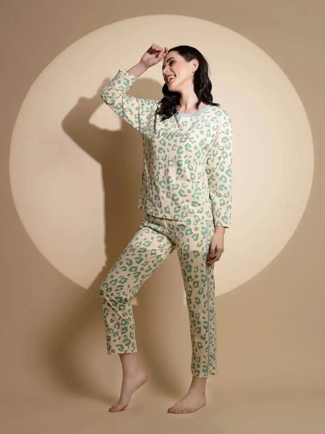 Green Hosiery Three Quarter Sleeve Printed Top & Pyjama Night Suit Set