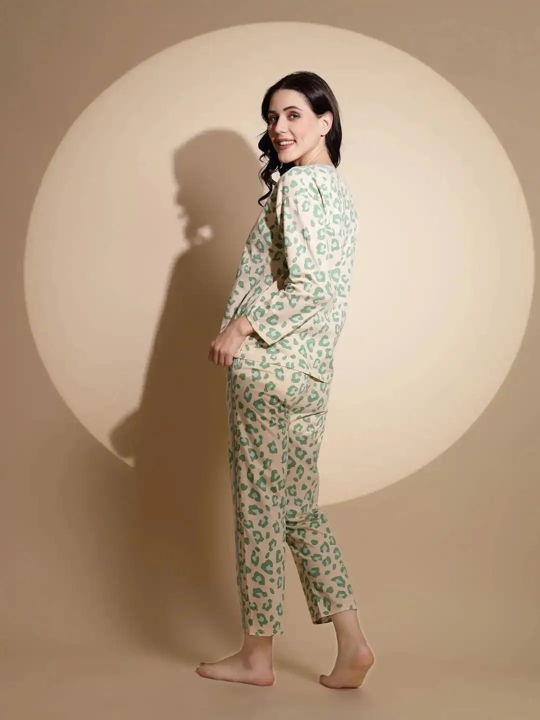 Green Hosiery Three Quarter Sleeve Printed Top & Pyjama Night Suit Set