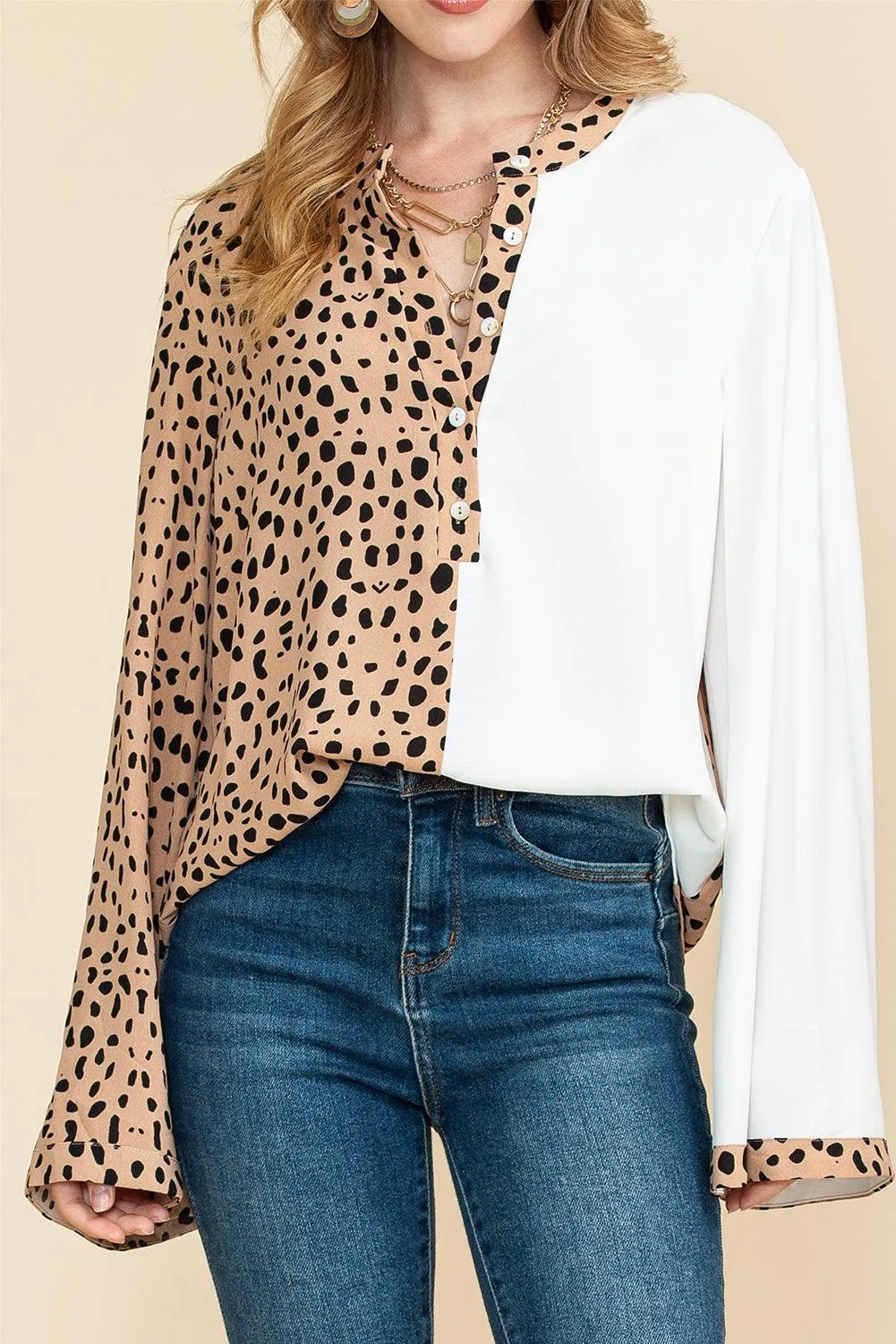 Khaki Leopard and White Patchwork Henley Blouse