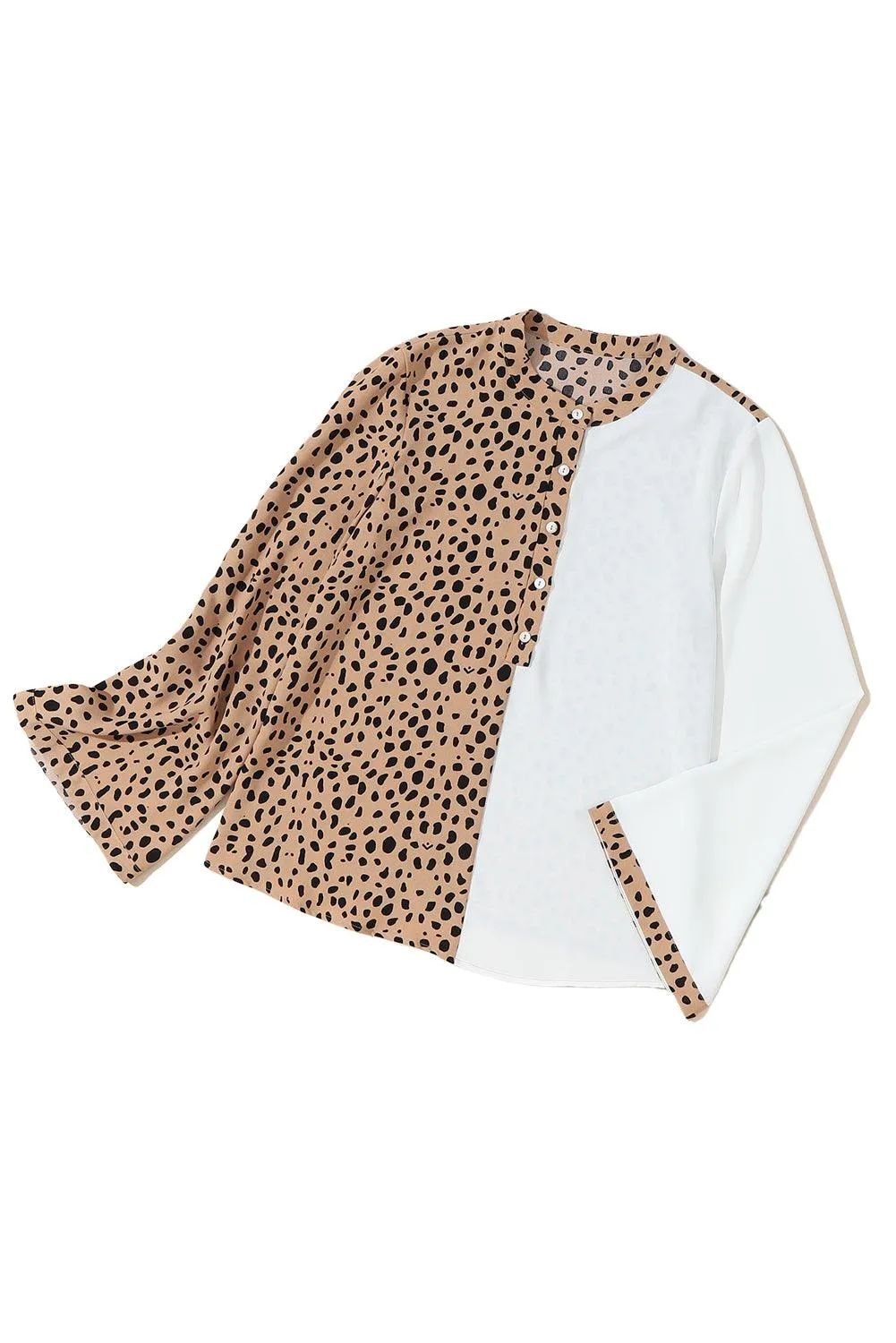 Khaki Leopard and White Patchwork Henley Blouse