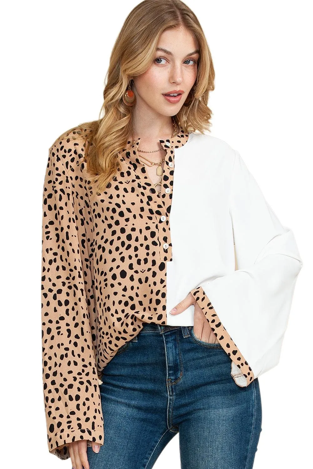 Khaki Leopard and White Patchwork Henley Blouse