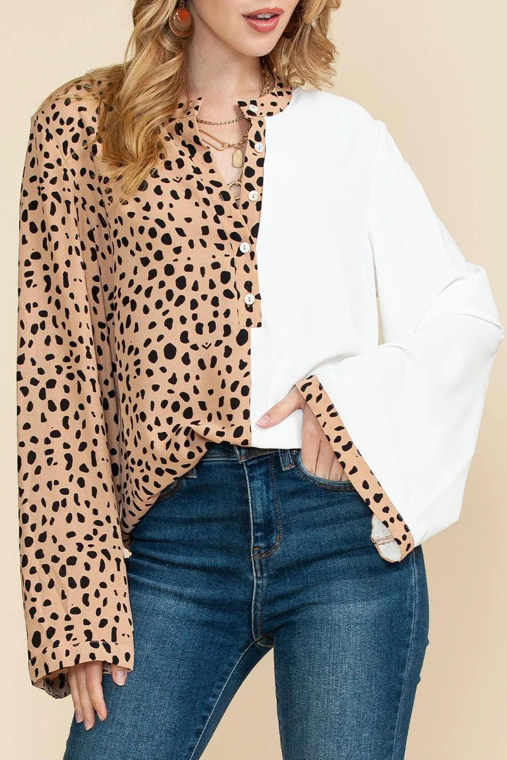 Khaki Leopard and White Patchwork Henley Blouse