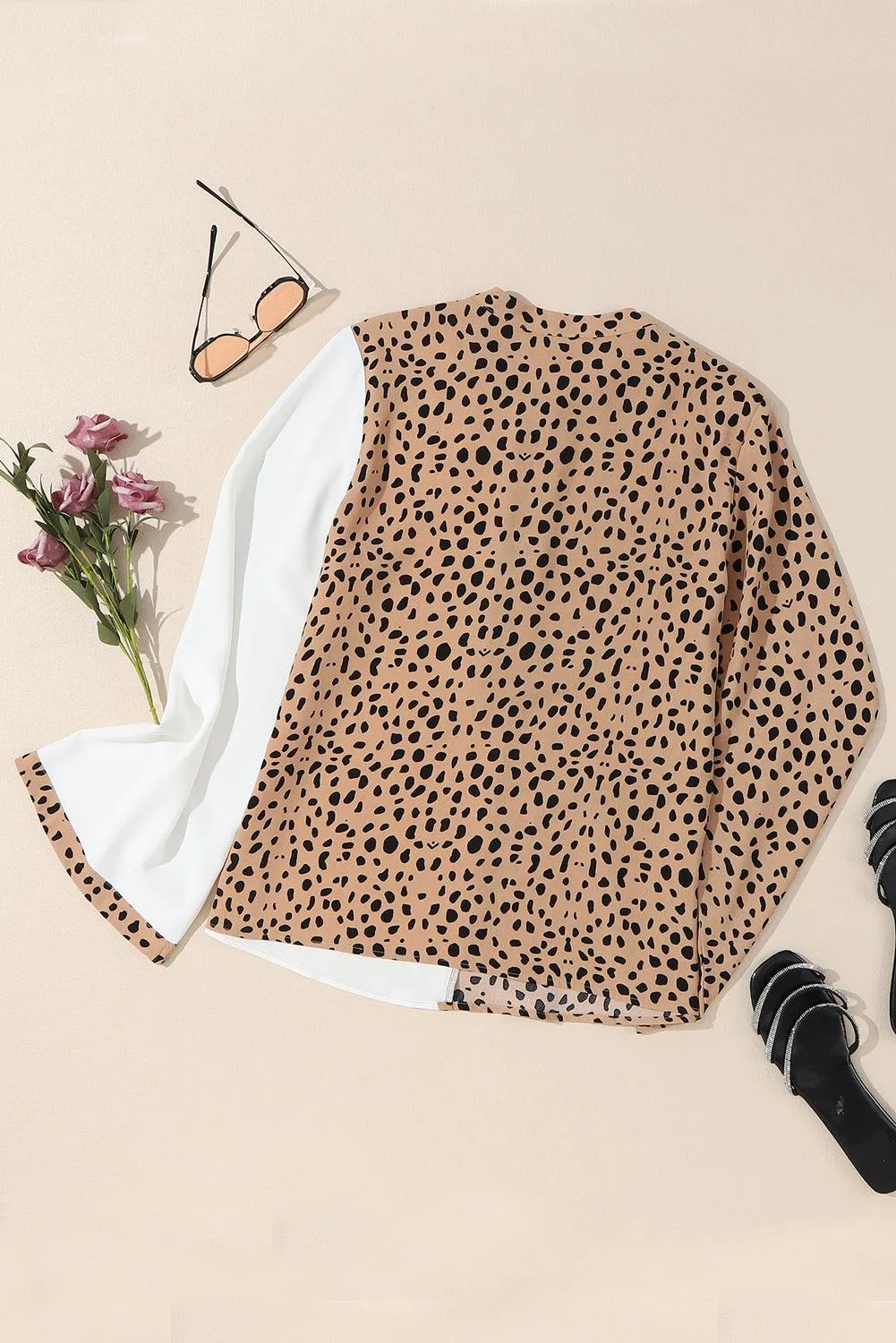 Khaki Leopard and White Patchwork Henley Blouse