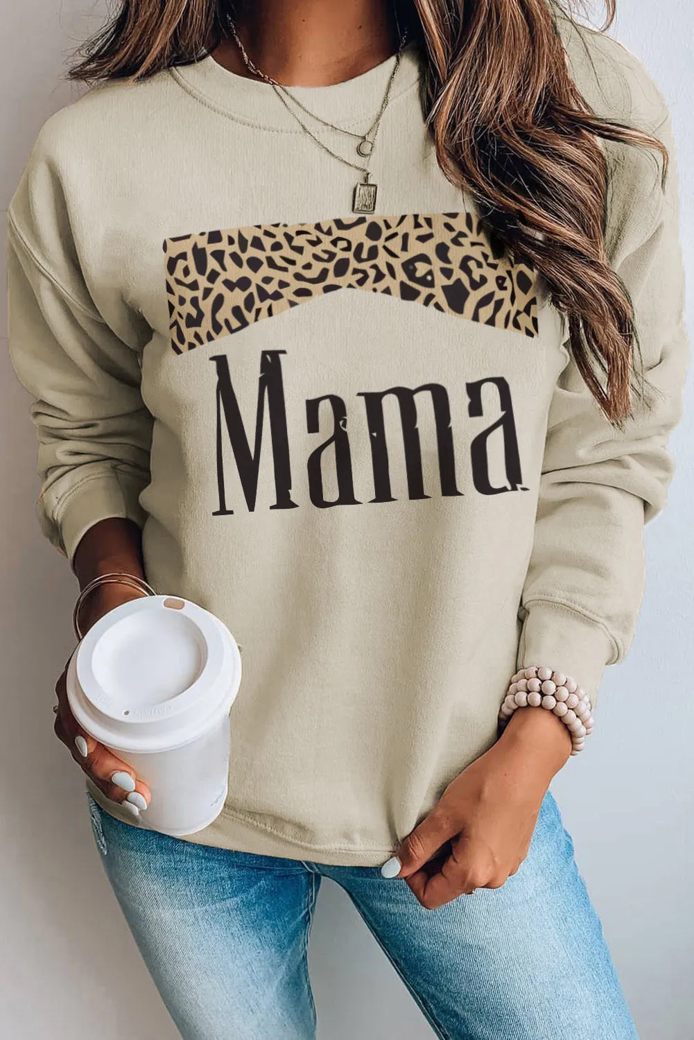 Khaki Mama Leopard Print Crewneck Pullover Sweatshirt