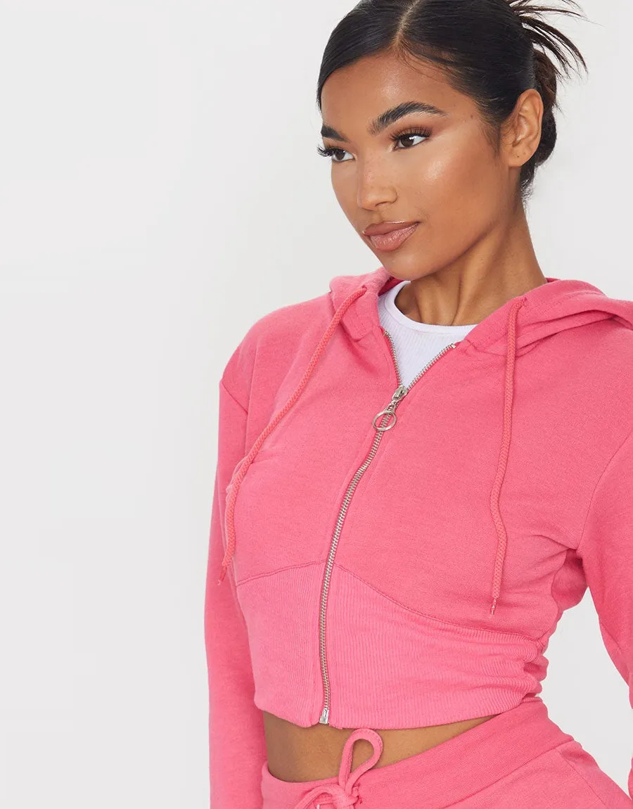 Ladies Fleece Short Body Hoodie-Dark Pink