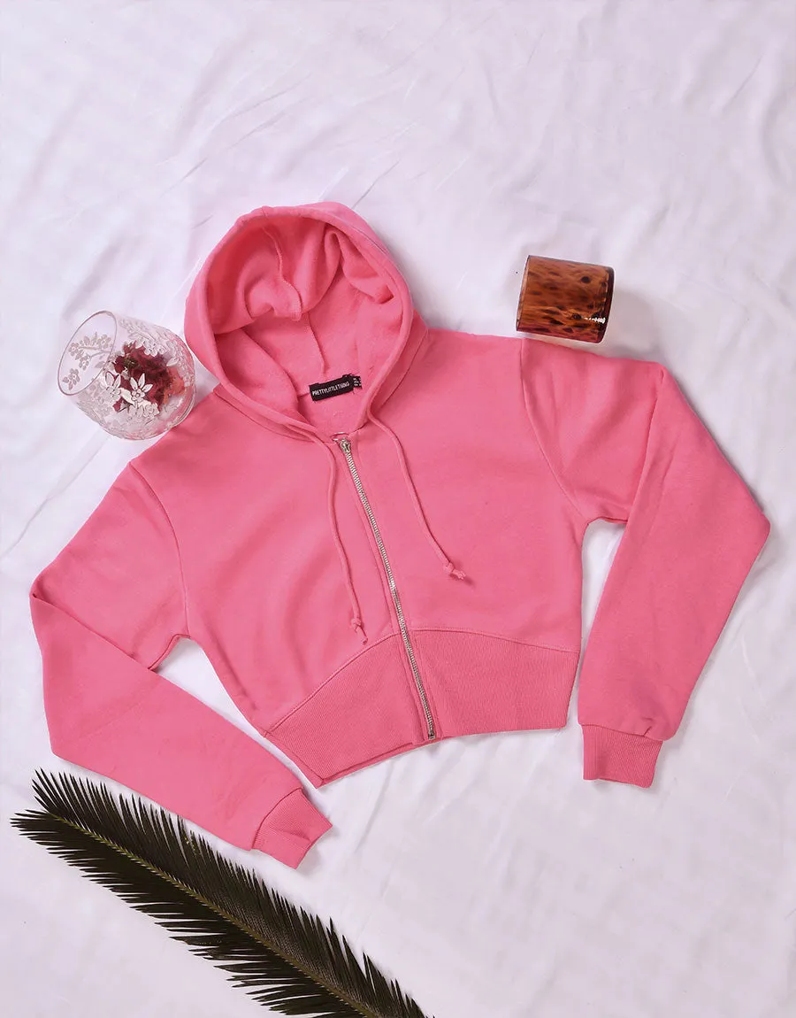 Ladies Fleece Short Body Hoodie-Dark Pink