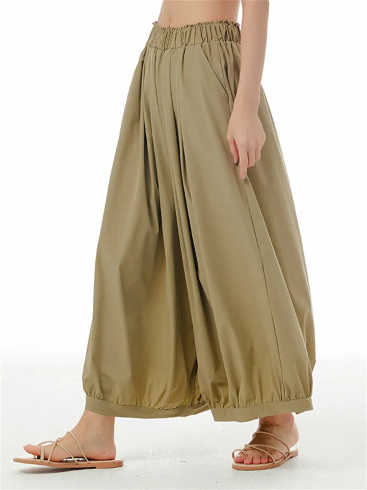 Ladies Stylish Elastic Waist Pleated Pants with Pockets