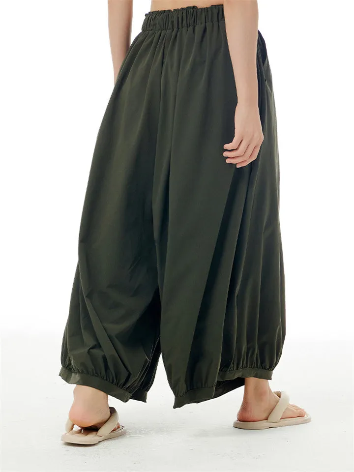 Ladies Stylish Elastic Waist Pleated Pants with Pockets